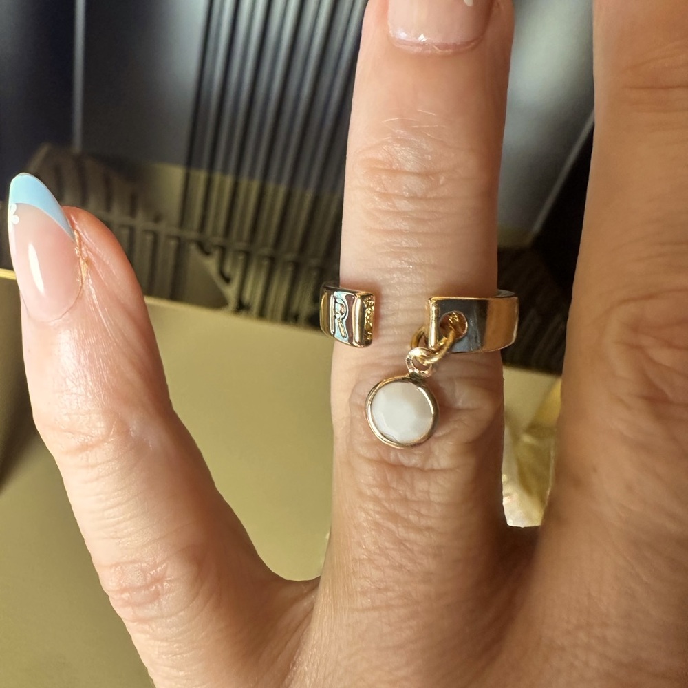 Bansri Gold and White charm Chunky Statement Ring with initial “R” size 6